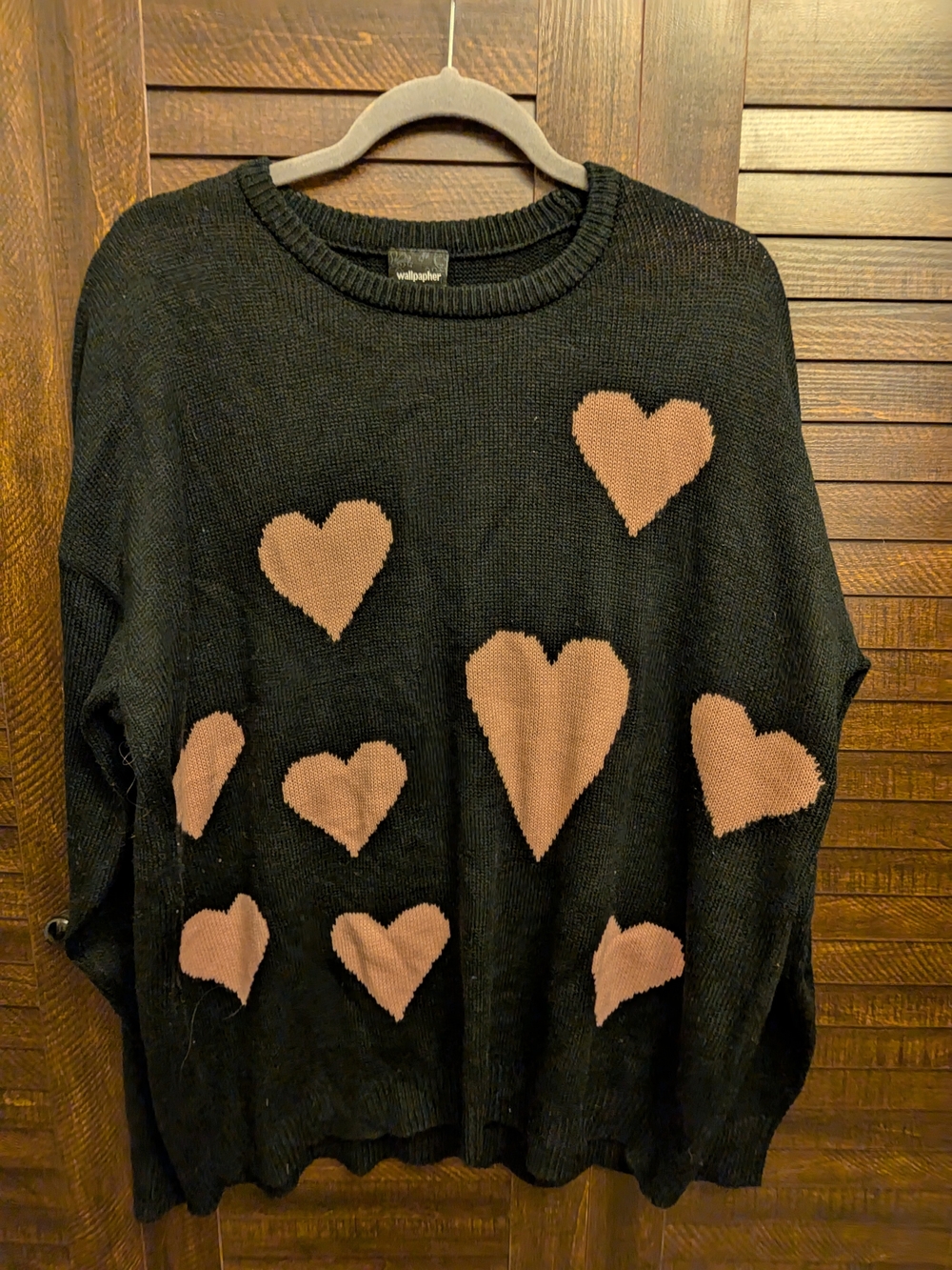 Wallpapher Black Crewneck Sweater with Blush Heart Motifs